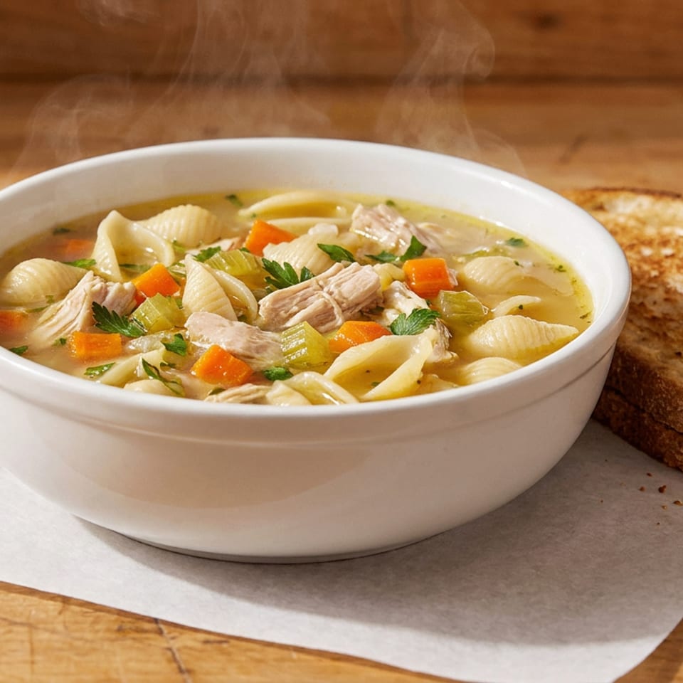 Steaming bowl of chicken noodle soup with shell pasta, vegetables, and toasted bread on a wooden table.