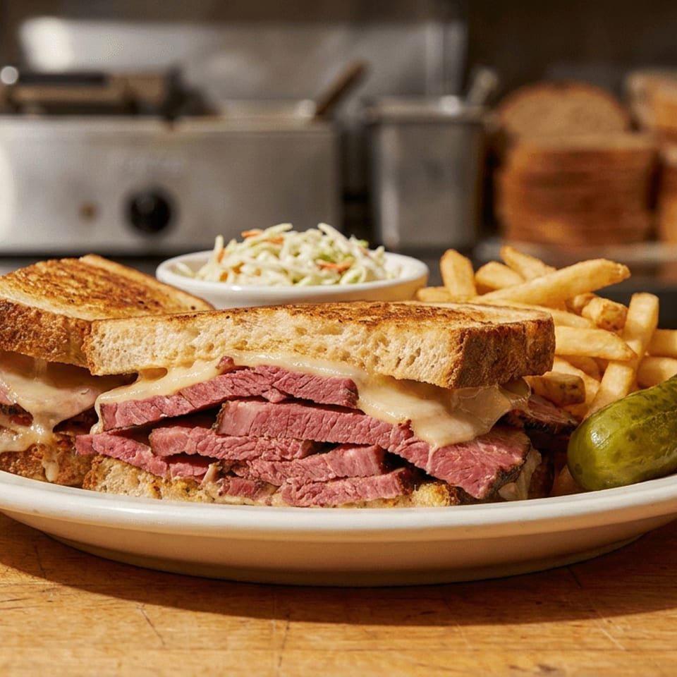 Grilled pastrami and cheese sandwich, fries, coleslaw, and a pickle on a plate in a diner.