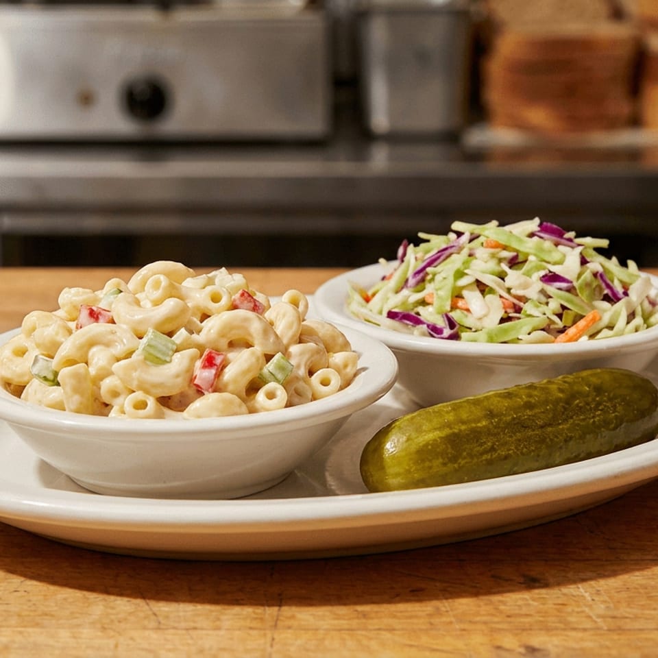 Macaroni salad, coleslaw, and a pickle on a white plate on a wooden counter.