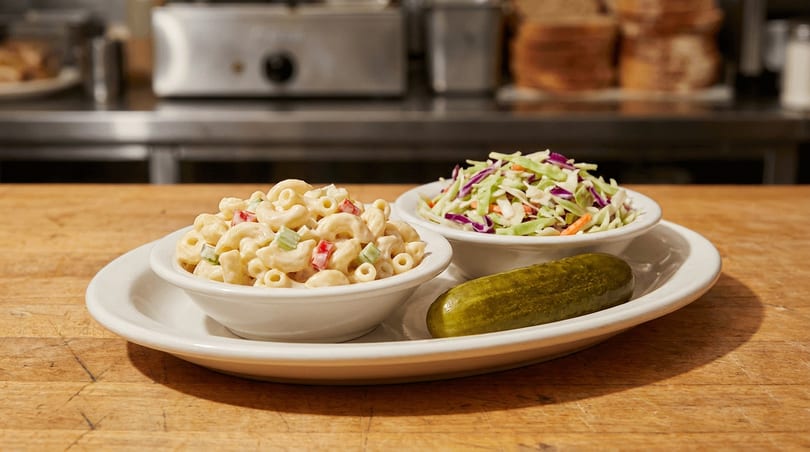 Macaroni salad, coleslaw, and a pickle on a white plate on a wooden counter.