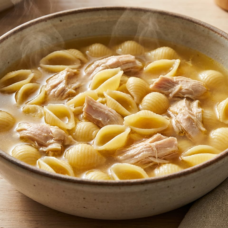 Steaming chicken noodle soup with shell pasta in a rustic bowl, next to a spoon.