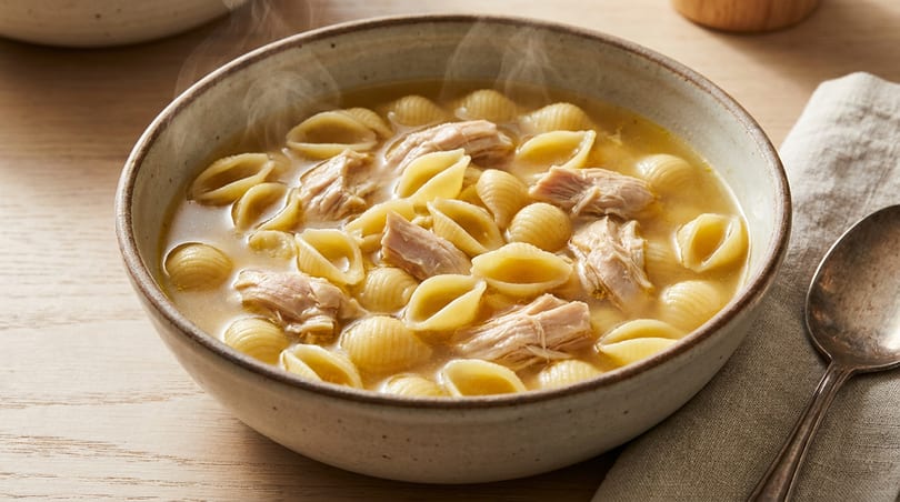 Steaming chicken noodle soup with shell pasta in a rustic bowl, next to a spoon.