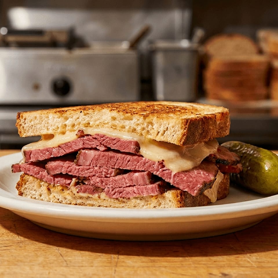 Deli-style pastrami and cheese sandwich with a pickle on a plate, kitchen background.