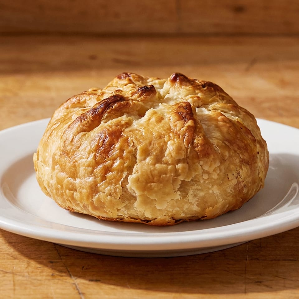 Golden baked puff pastry on a white plate, resting on a rustic wooden surface.
