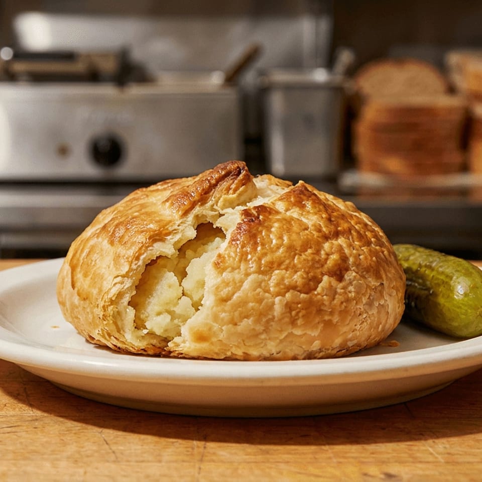 Flaky golden pastry with potato filling and a pickle on a plate, kitchen background.
