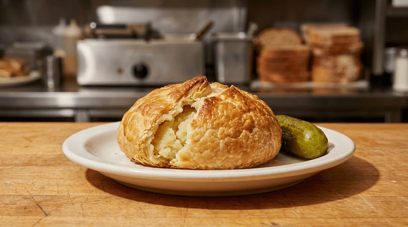 Flaky golden pastry with potato filling and a pickle on a plate, kitchen background.