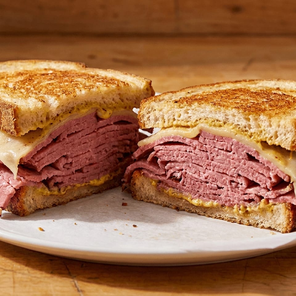 Toasted sandwich with sliced meat, melted cheese, and mustard, cut in half on a white plate.