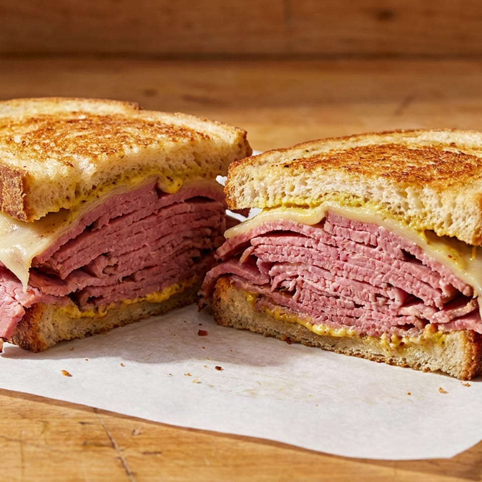 Toasted sandwich cut in half, revealing layers of pastrami, melted cheese, and mustard on a wooden surface.