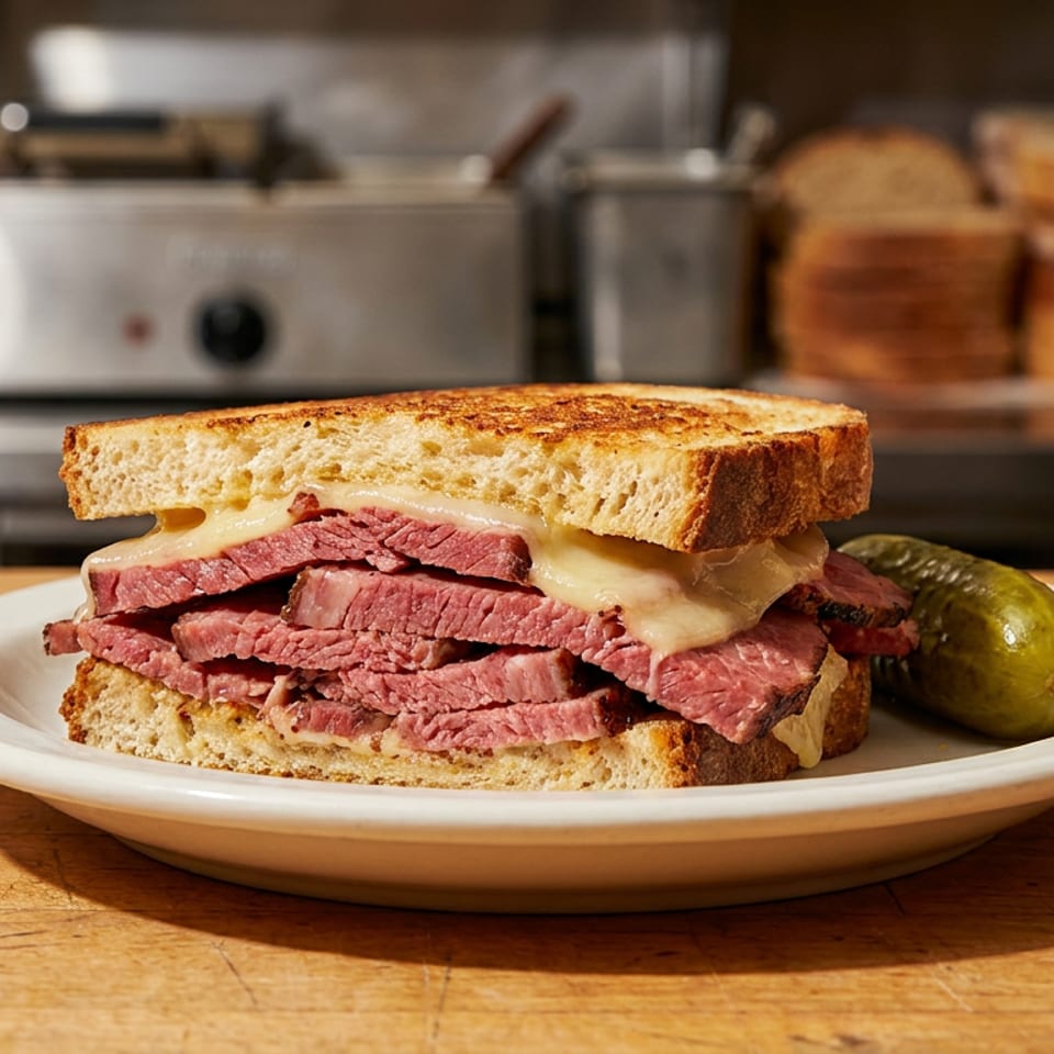 Grilled pastrami and Swiss sandwich with a pickle on a white plate in a restaurant.