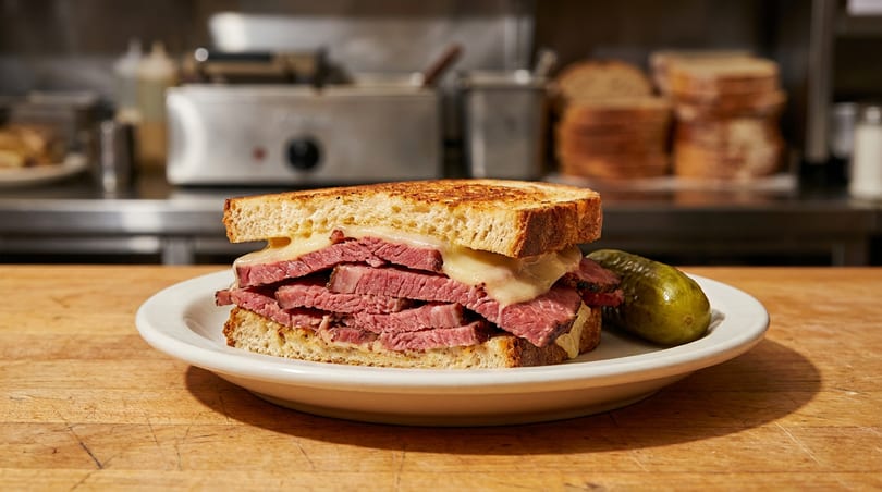 Grilled pastrami and Swiss sandwich with a pickle on a white plate in a restaurant.