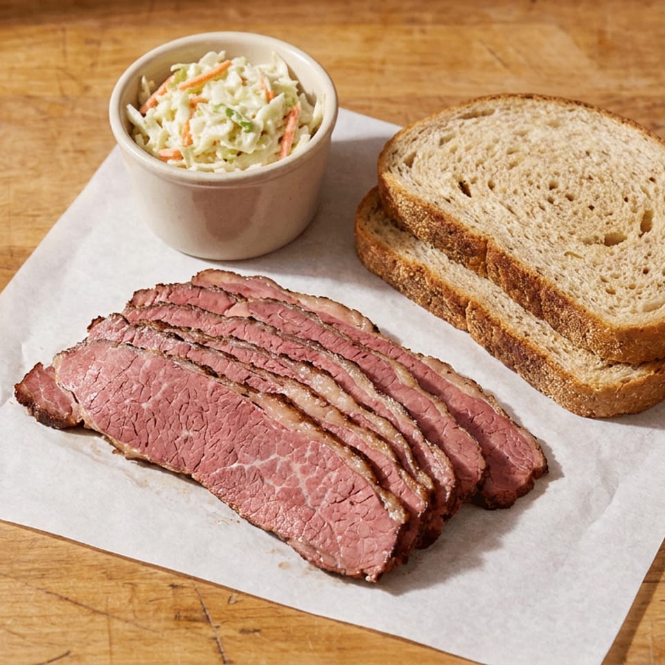 Deli-style sliced corned beef, rye bread, and coleslaw on a wooden surface.